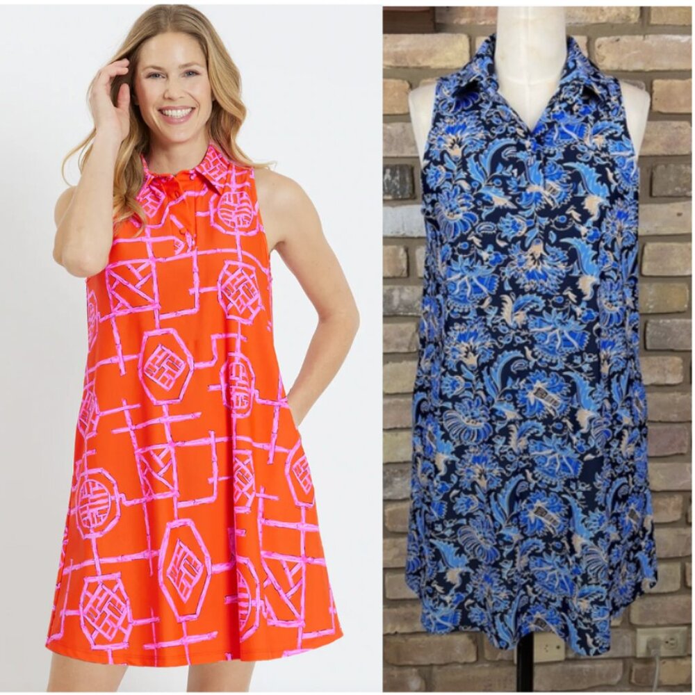 JUDE CONNALLY blue black floral fauna print Harlee sleevelss swing dress